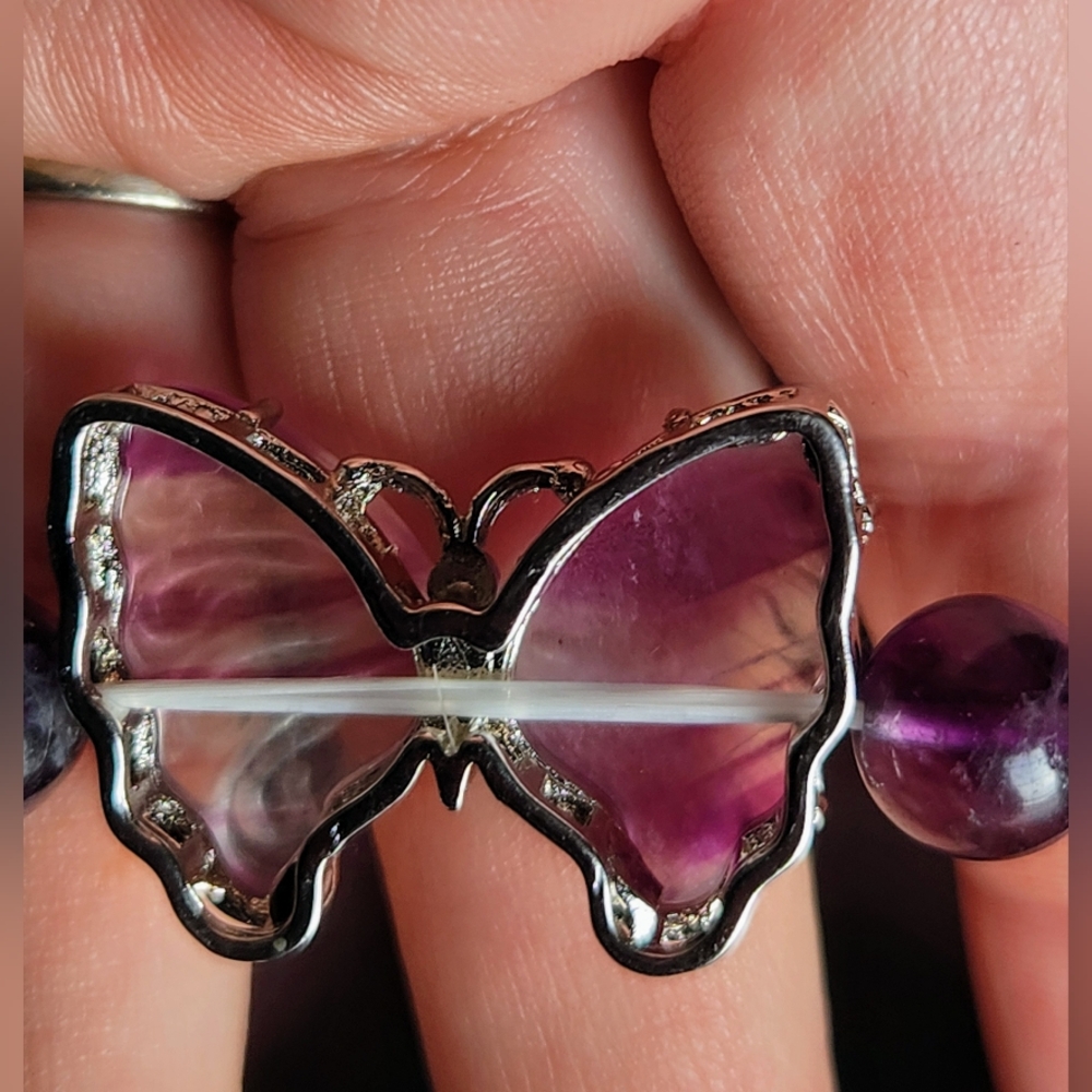 Handmade Genuine Candy Fluorite Butterfly Charm Beaded Crystal Bracelet - Picture 10 of 10